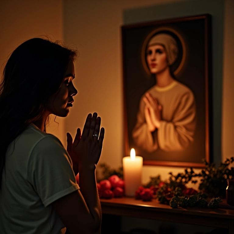 Mulher orando em frente à imagem de um santo, altar doméstico.