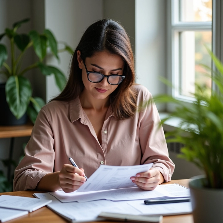 Mulher organiza contas e orçamento em apartamento brasileiro, simbolizando hábitos financeiros saudáveis.