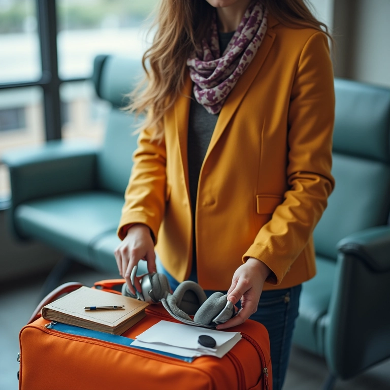 Mulher organizando bolsa de viagem com itens de entretenimento (livros, tablet, fones de ouvido).