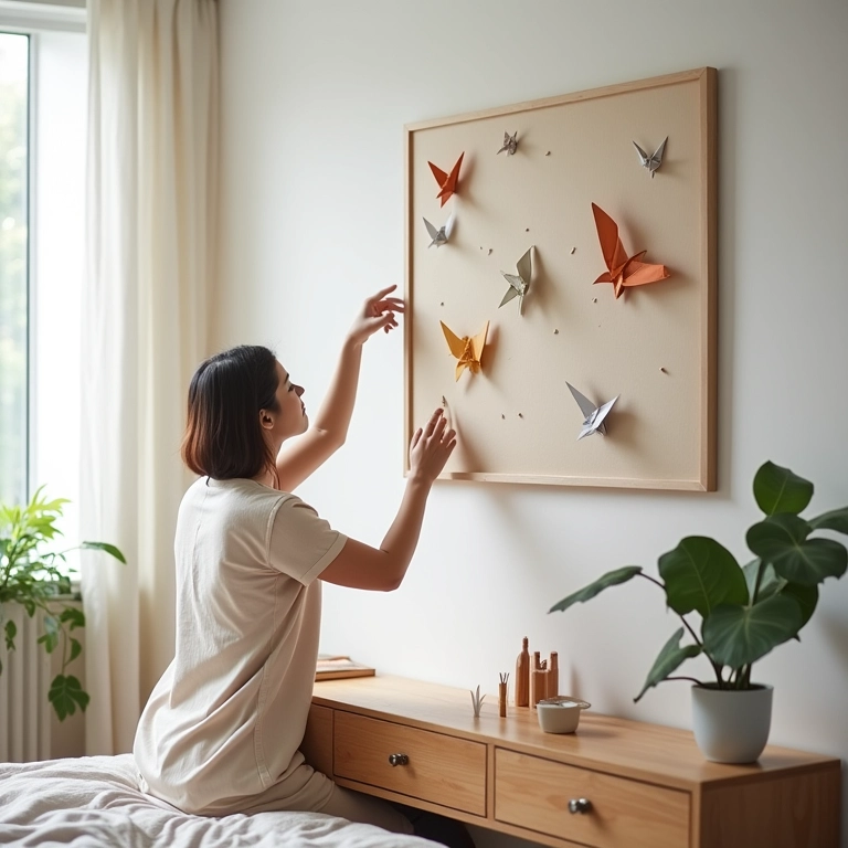 Mulher organizando decoração de origami em apartamento sustentável e minimalista.
