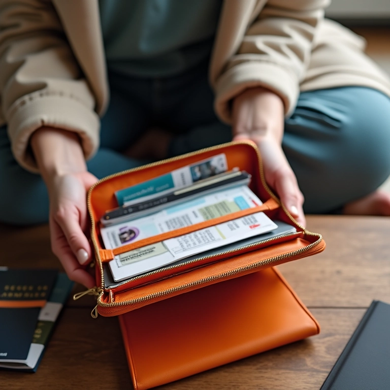 Mulher organizando documentos de viagem (passaportes, passagens) em carteira colorida.