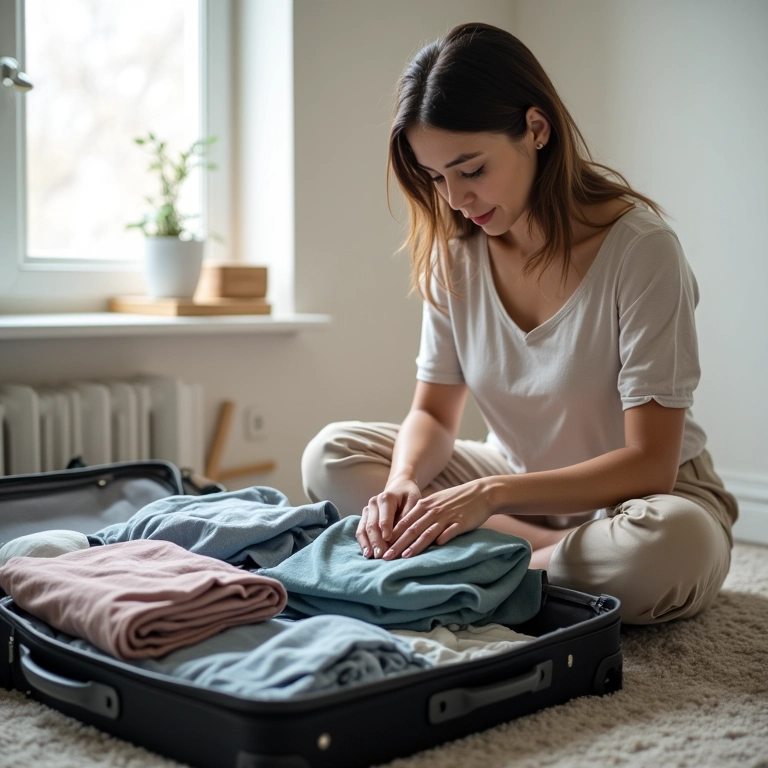 Mulher organizando mala com roupas dobradas e itens essenciais, usando organizadores.