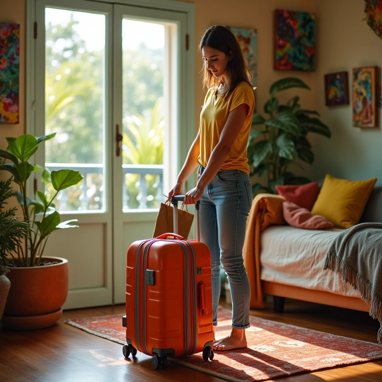 Mulher organizando mala de viagem colorida em apartamento brasileiro ensolarado.
