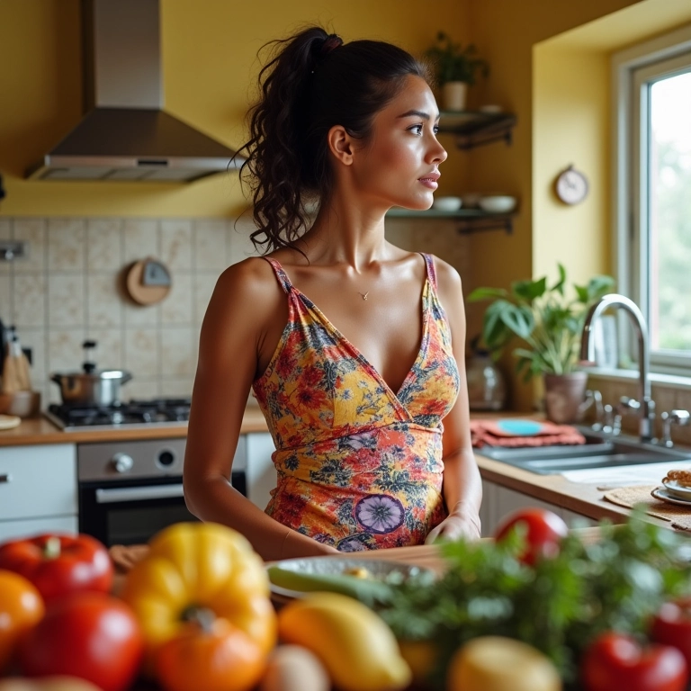 Mulher organizando quadro de horários visível na cozinha colorida.