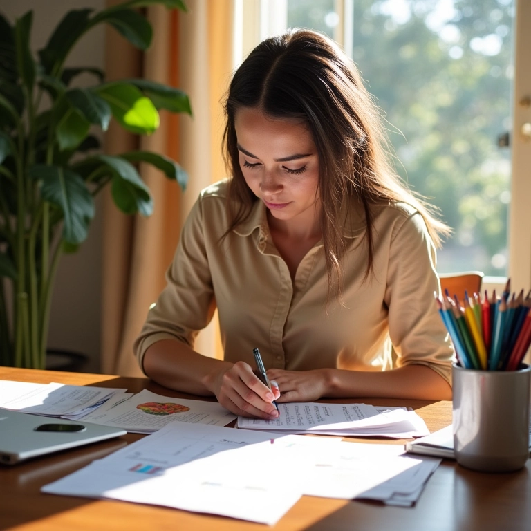 Mulher organizando rotina em escritório ensolarado após divórcio.