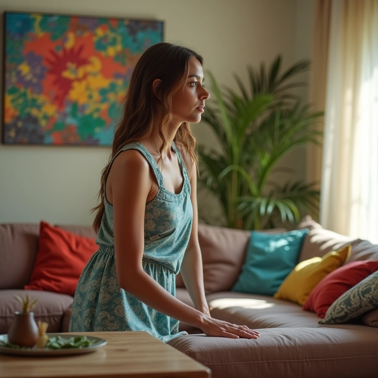 Mulher organizando sala por 15 minutos, decoração brasileira colorida.