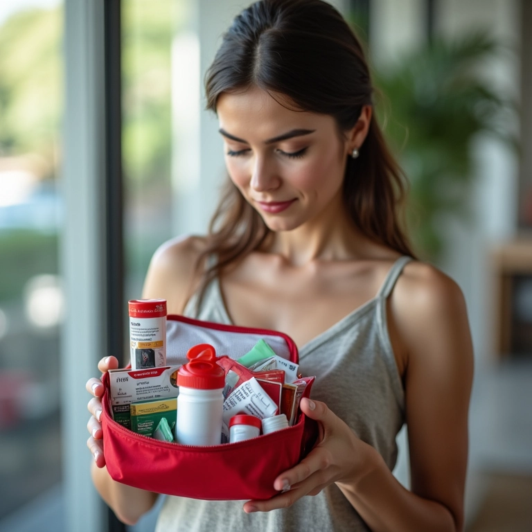 Mulher organizando um kit de primeiros socorros e medicamentos para viagem internacional.