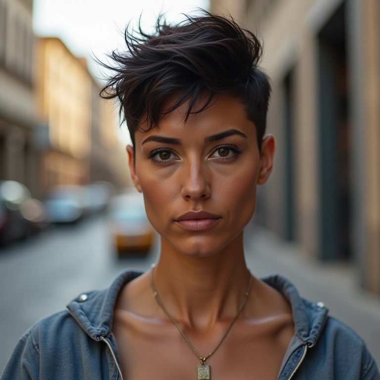 Mulher ousada com pixie assimétrico.