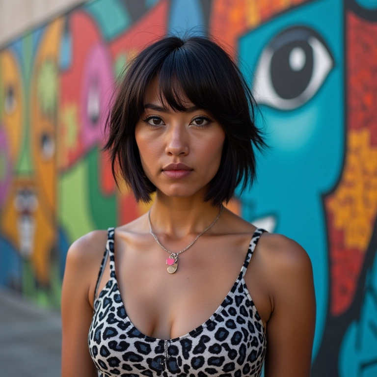 Mulher ousada com short bob assimétrico em frente a grafite.
