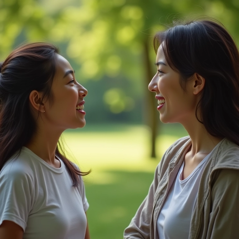 Mulher ouvindo atentamente um amigo no parque, demonstrando empatia e compreensão.