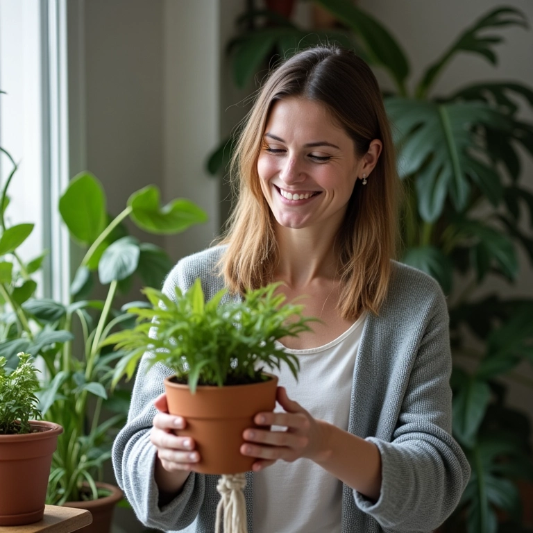 Mulher parda sorrindo, fazendo suporte de macramê em casa, cercada por plantas.