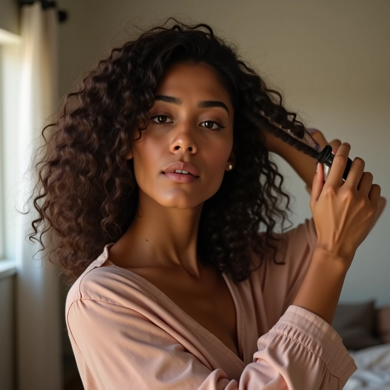 Mulher parda texturizando o cabelo com babyliss para criar cachos temporários.