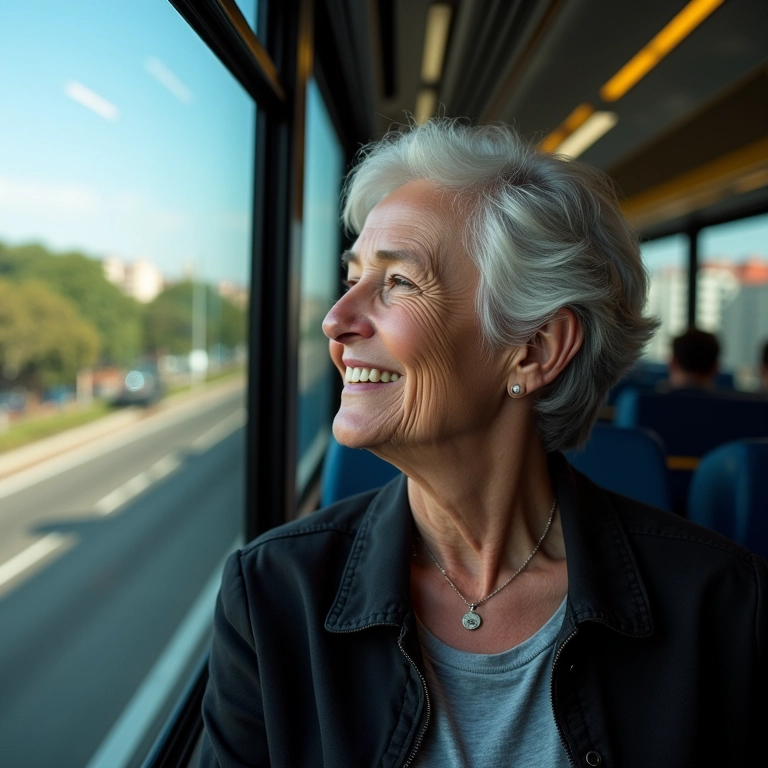 Mulher passeando de ônibus em Curitiba, PR.