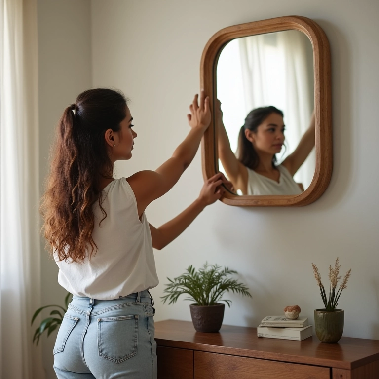 Mulher pendurando espelho na altura ideal em sala de estar com decoração brasileira.