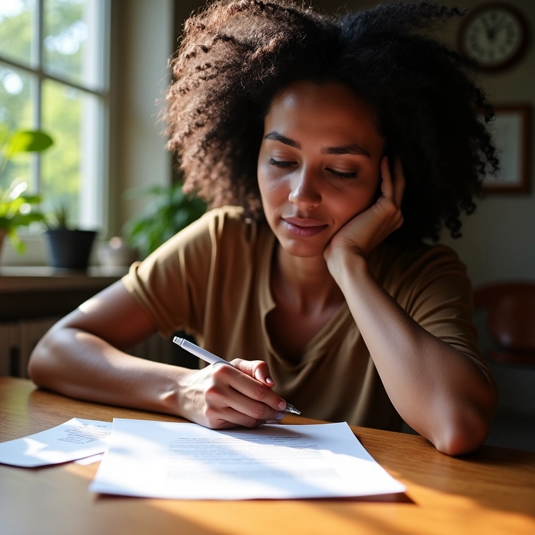 Mulher pensando em escrever uma carta de amor.