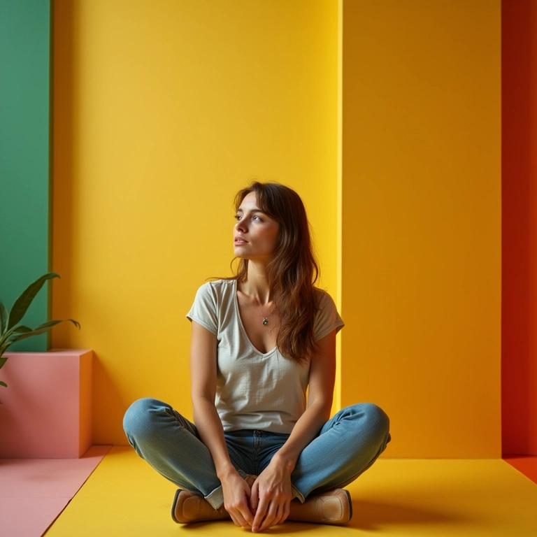 Mulher pensativa em sala colorida, representando a saúde mental materna.