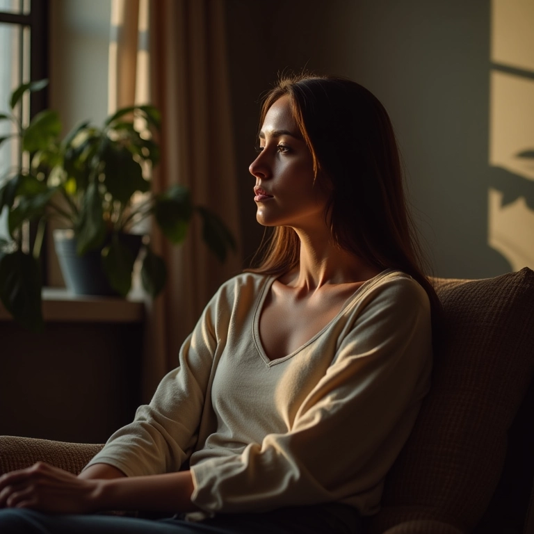 Mulher pensativa lembrando de momentos difíceis do passado.