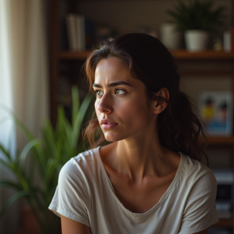 Mulher pensativa olhando foto de família.