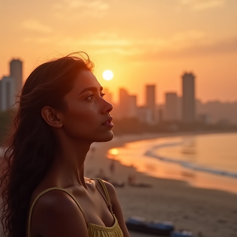 Mulher pensativa olhando para o horizonte, sonhando acordada.