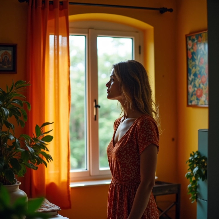 Mulher pensativa olhando pela janela em casa colorida, sentindo solidão.