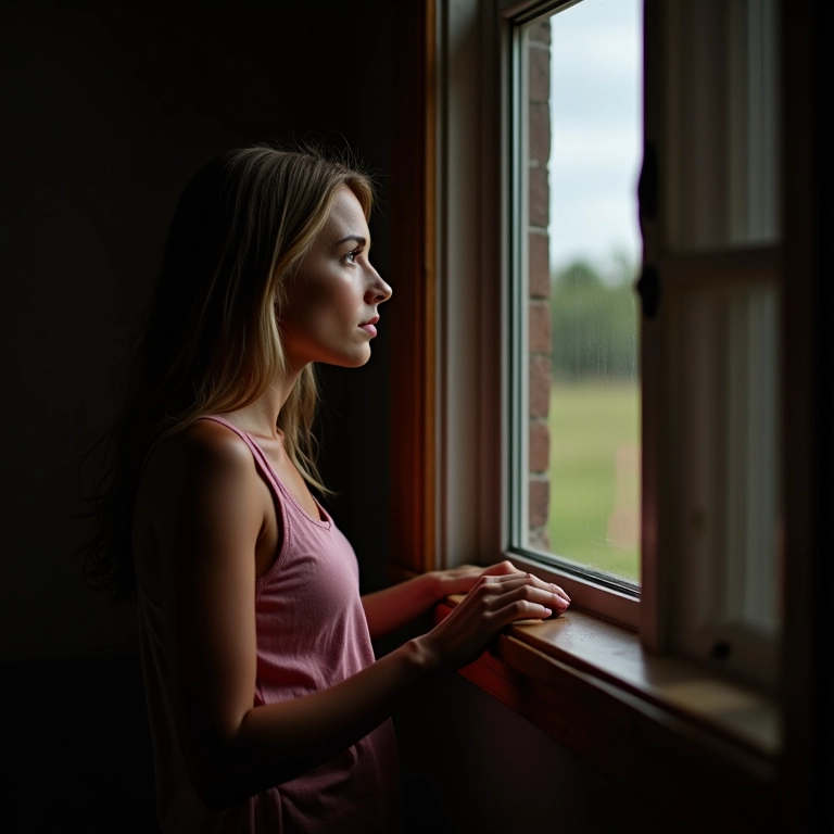 Mulher pensativa olhando pela janela em um quarto com pouca luz, simbolizando desafios nos relacionamentos.