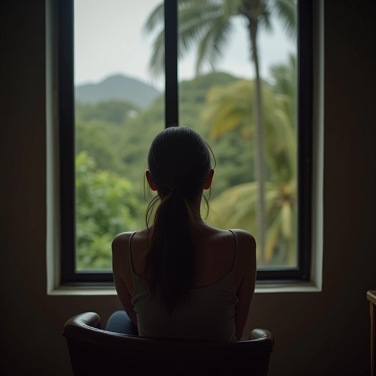 Mulher pensativa olhando pela janela, refletindo sobre o casamento.