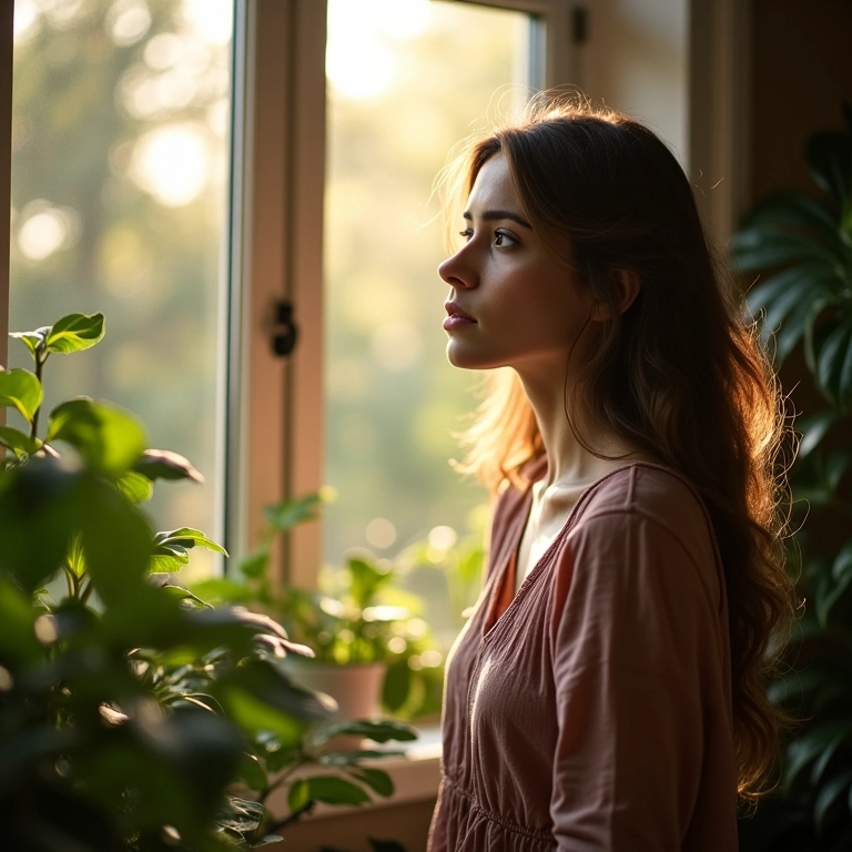 Mulher pensativa, refletindo sobre fatores hormonais.