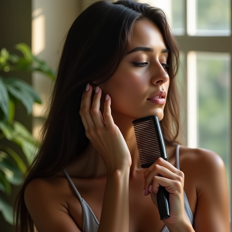 Mulher penteando os cabelos longos com delicadeza, evitando quebras e pontas duplas.