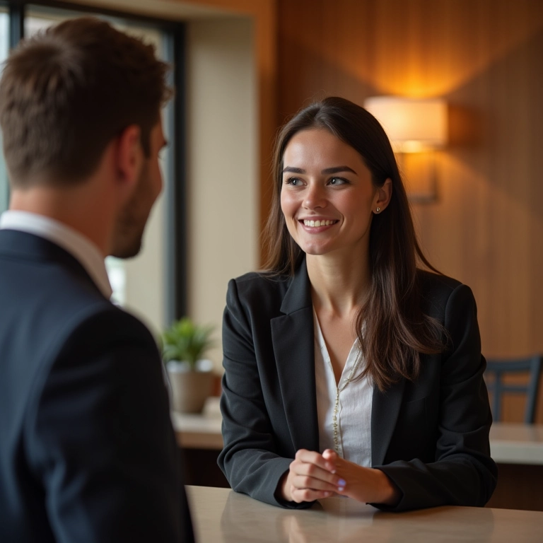 Mulher perguntando sobre upgrade de quarto em hotel
