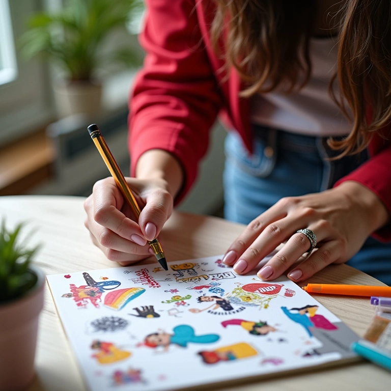 Mulher personalizando um caderno com tema de dança.