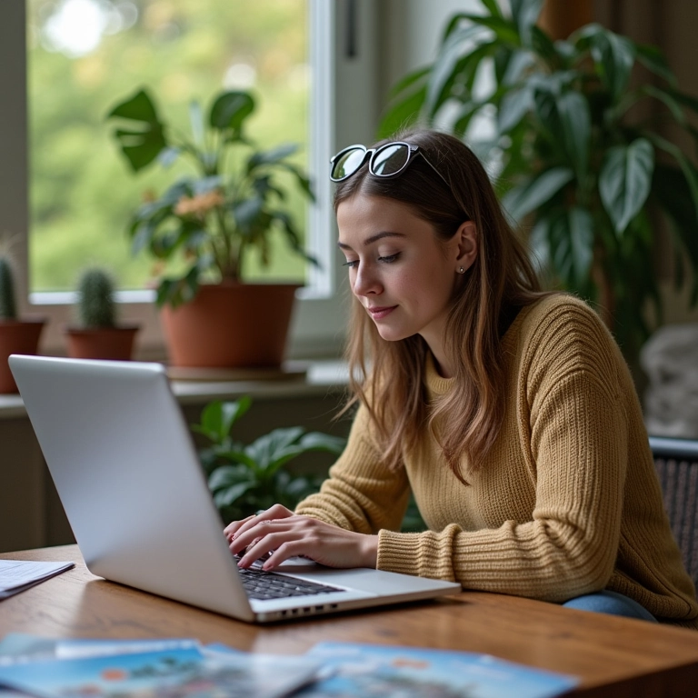 Mulher pesquisando destinos de viagem para família em laptop, cercada por folhetos e plantas.