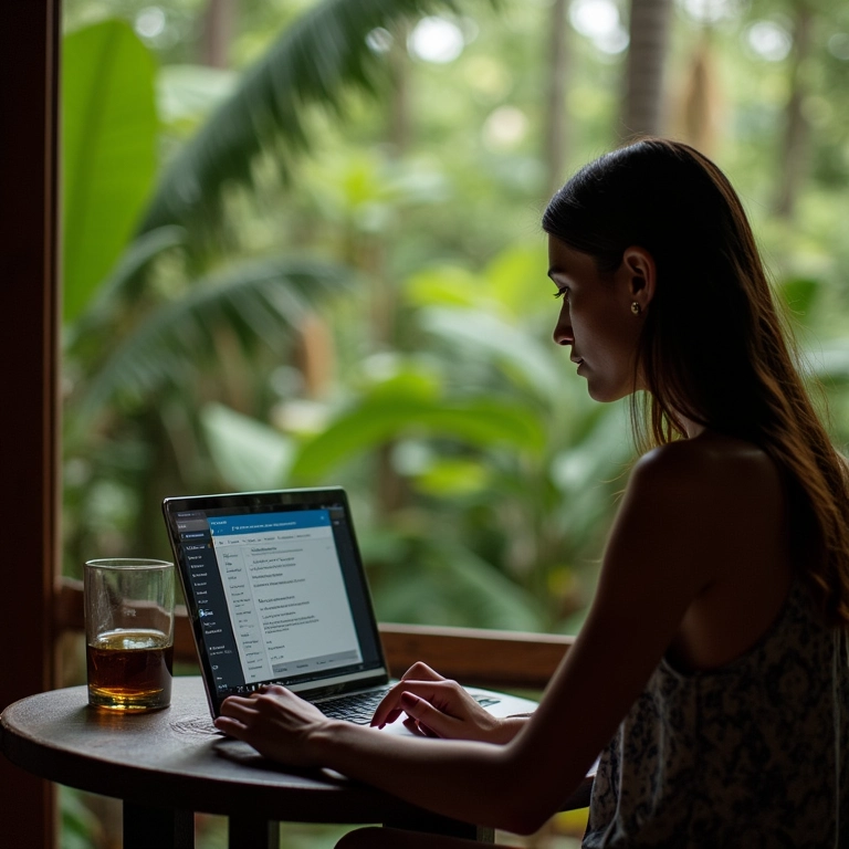 Mulher pesquisando dicas de segurança de viagem em pousada brasileira.