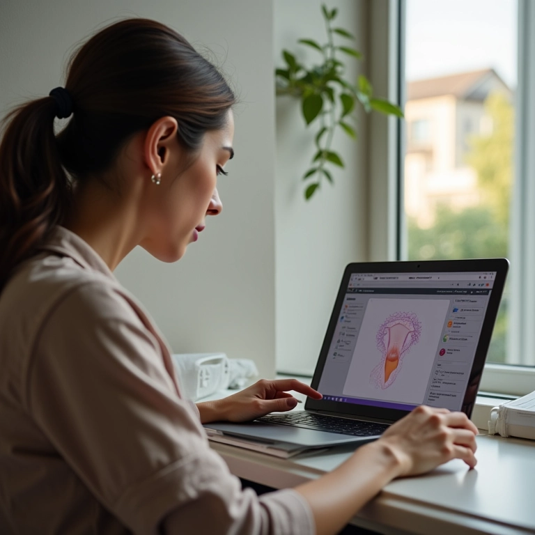 Mulher pesquisando marcas de coletores menstruais no laptop.