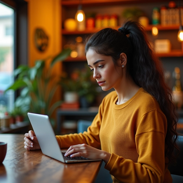 Mulher pesquisando personal shoppers online em um café vibrante.