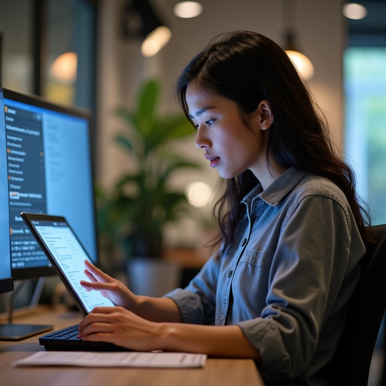 Mulher pesquisando preços da concorrência online, analisando tendências de mercado.