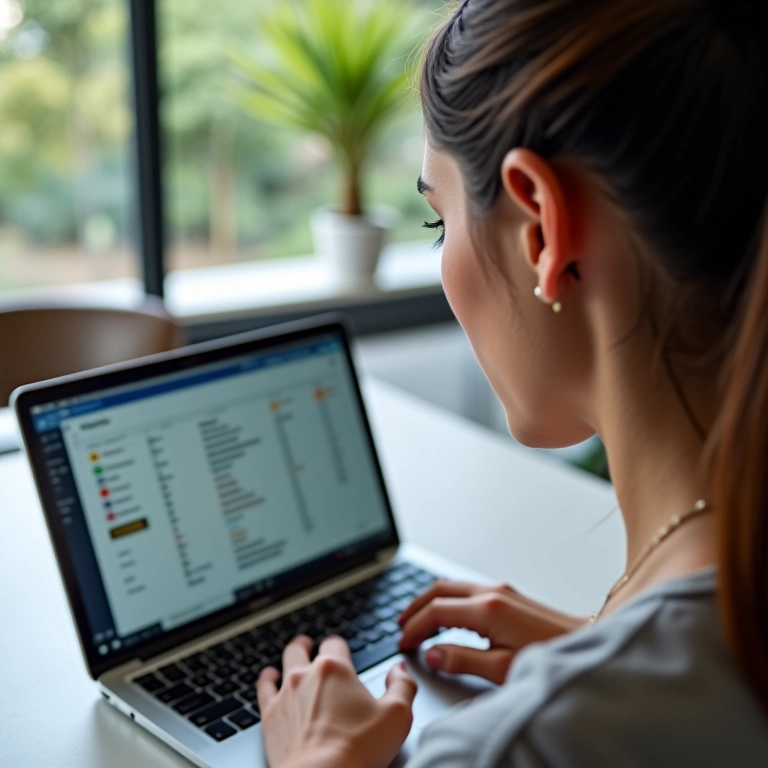 Mulher pesquisando reputação de agência de intercâmbio online.