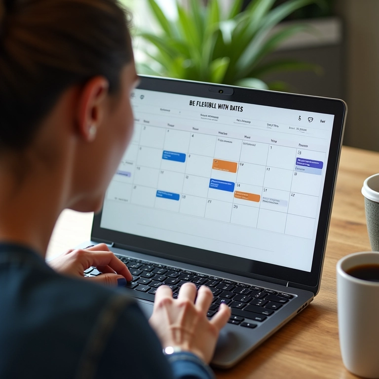 Mulher pesquisando voos no laptop, mostrando flexibilidade nas datas.