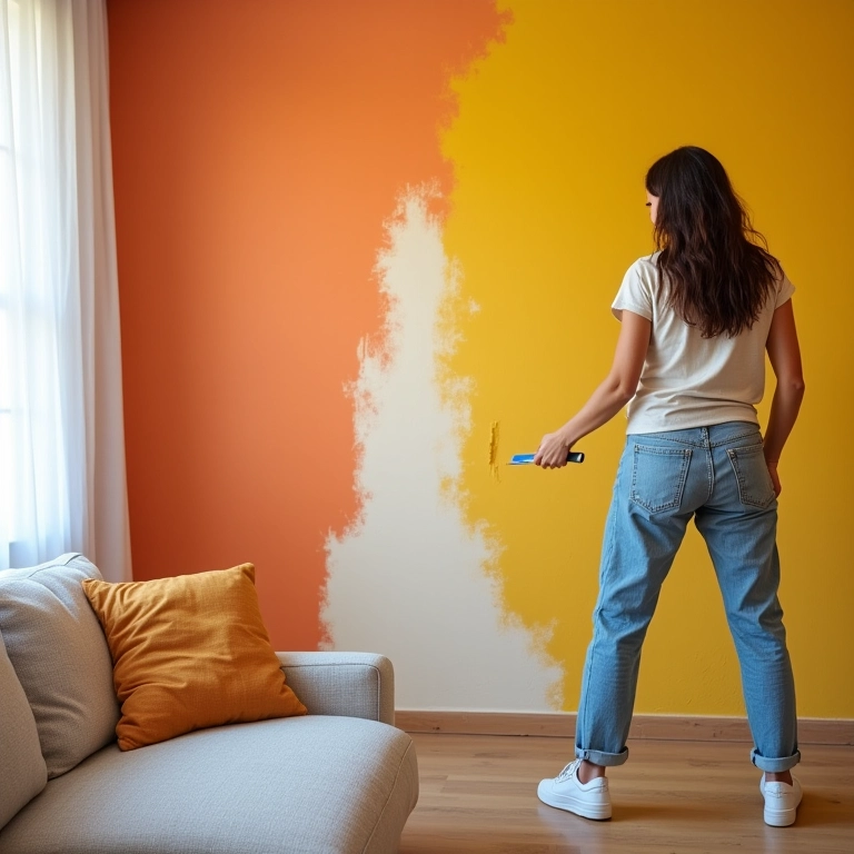 Mulher pinta parede colorida em sala vibrante.