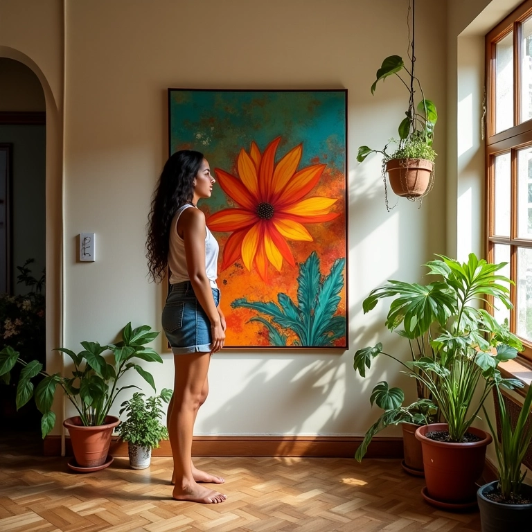 Mulher pintando a palavra 'amor' em parede decorada com estilo brasileiro e cores vibrantes.