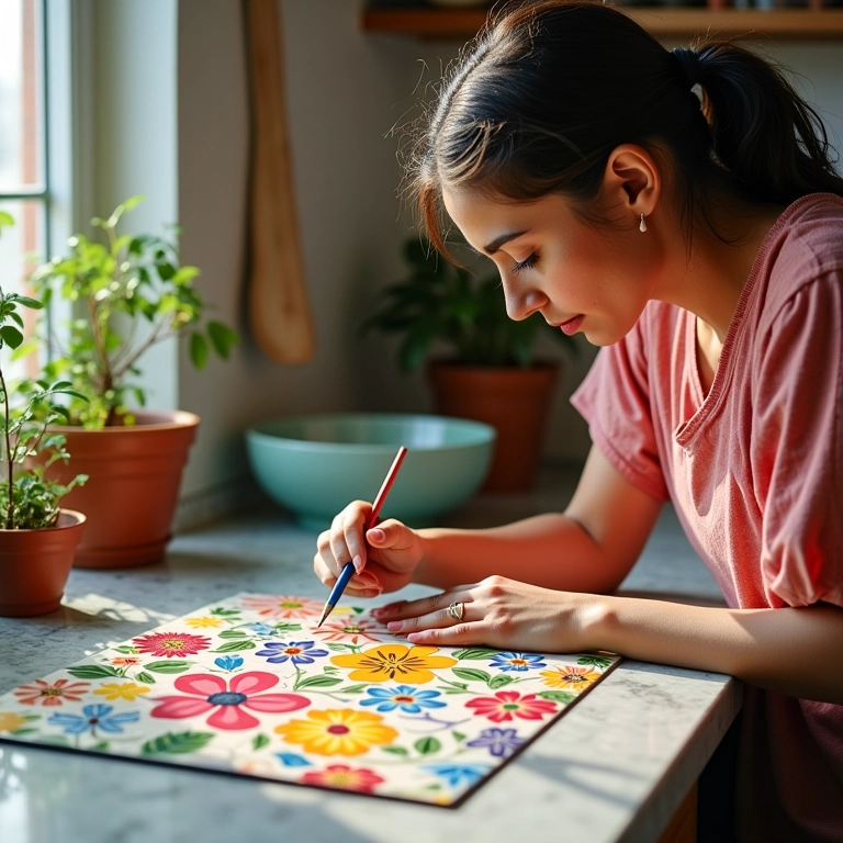 Mulher pintando azulejos com padrões florais coloridos em cozinha ensolarada.