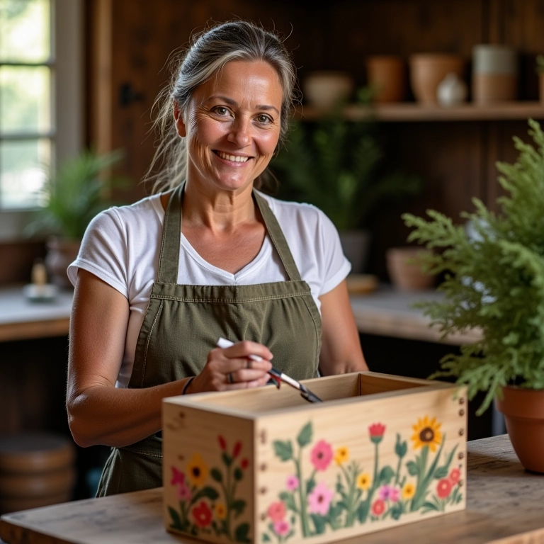 Mulher pintando caixa de madeira em estilo country, oficina iluminada.