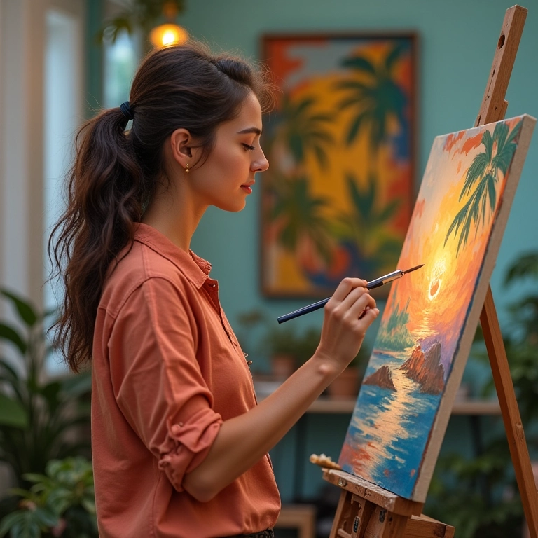 Mulher pintando em estúdio vibrante, priorizando seus hobbies.