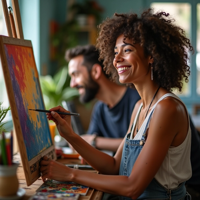 Mulher pintando em seu ateliê, com o marido a apoiando.