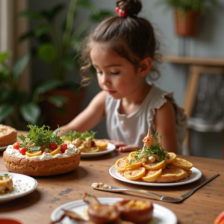 Mulher planejando festa infantil, escolhendo tema em meio a opções de decoração.