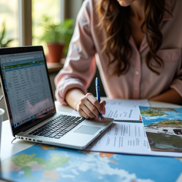 Mulher planejando orçamento de viagem com planilha no laptop