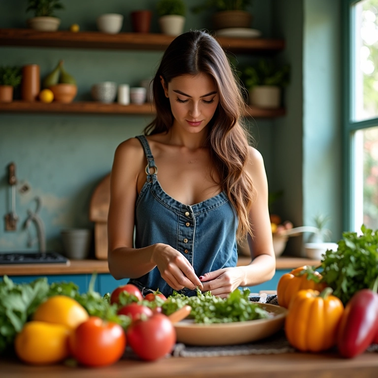 Mulher planejando refeições saudáveis em uma cozinha colorida.