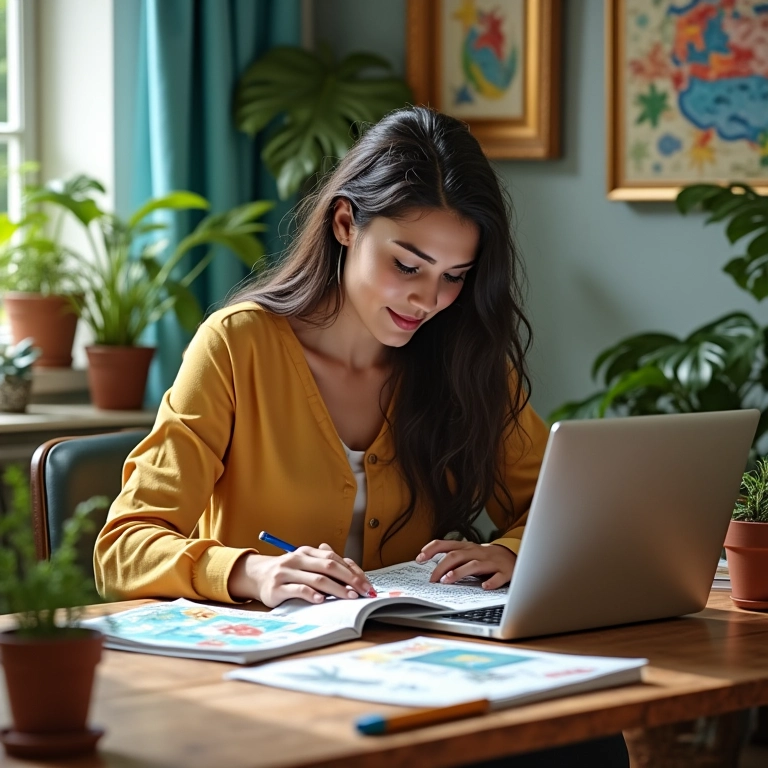Mulher planejando roteiro de viagem com guias e laptop em mesa colorida com artesanato brasileiro.