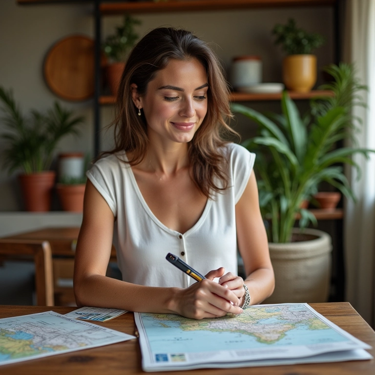 Mulher planejando roteiro de viagem com mapa e guias.
