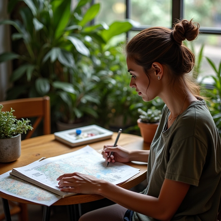 Mulher planejando roteiro de viagem em café aconchegante no Rio de Janeiro