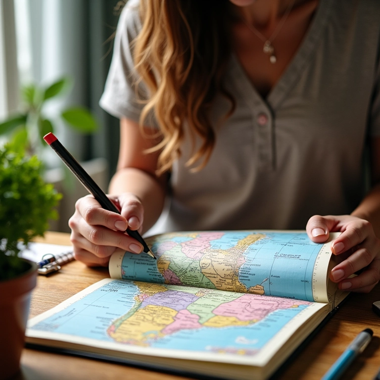 Mulher planejando sua viagem de Páscoa para o Brasil com um diário de viagem colorido.